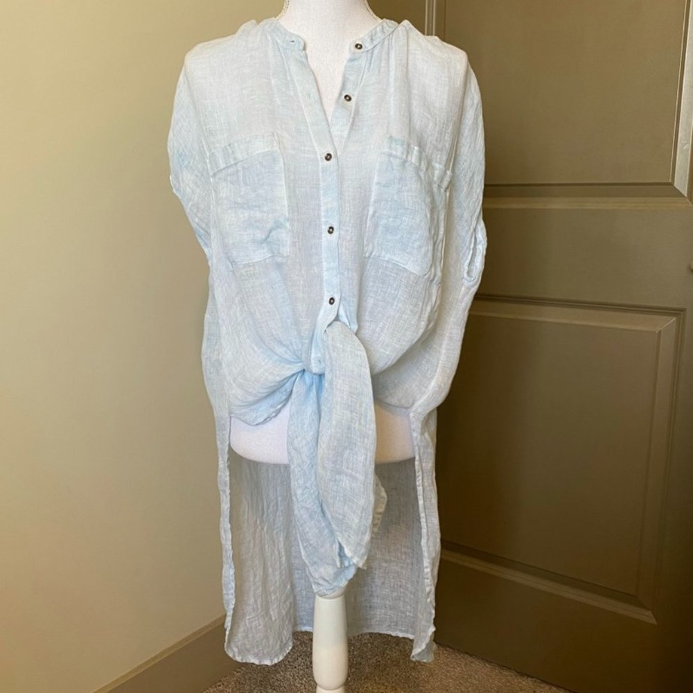 ANTHROPOLOGIE | Women's Blue Linen Tie-Front Shirt